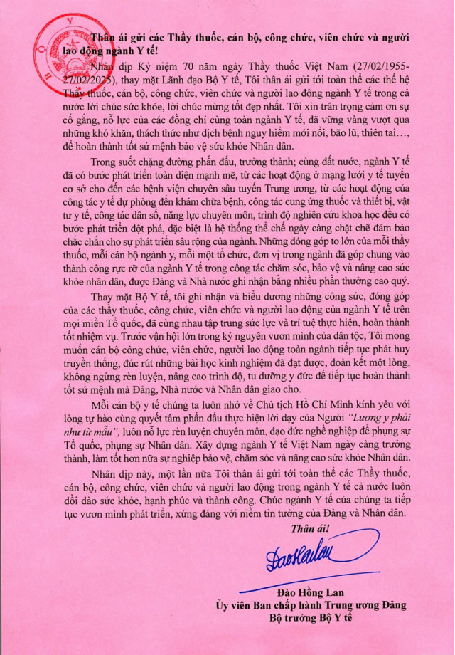 Bộ trưởng Đào Hồng Lan: 'Mỗi cán bộ y tế luôn nỗ lực rèn luyện chuyên môn, đạo đức nghề nghiệp để phụng sự Tổ quốc, Nhân dân'