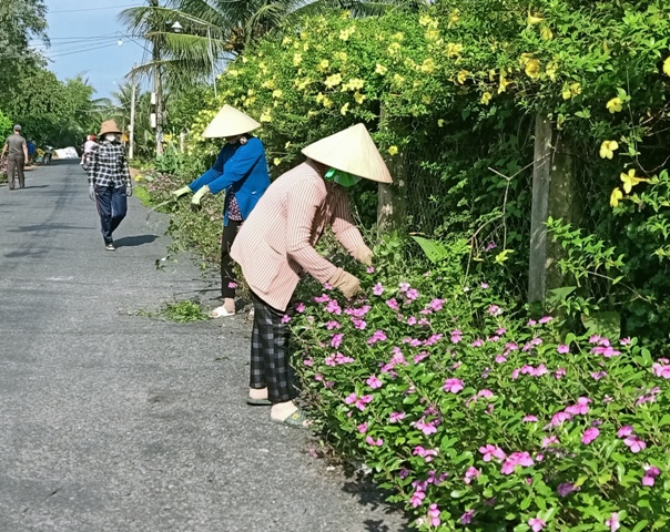 Hội viên Hội Phụ nữ chăm sóc hoa trên tuyến đường ấp Trường Xuân B.