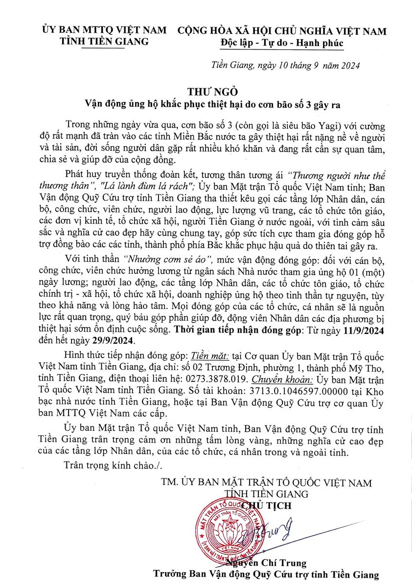 Thư ngỏ vận động ủng hộ khắc phục thiệt hại do cơn bão số 3 gây ra của Ủy ban Mặt trận Tổ quốc Việt Nam tỉnh Tiền Giang