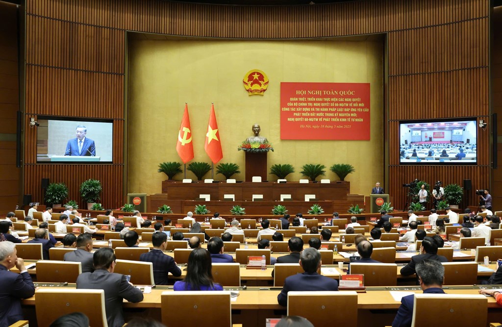 Tổng Bí thư Tô Lâm phát biểu chỉ đạo Hội nghị toàn quốc quán triệt, triển khai thực hiện Nghị quyết số 66-NQ/TW và Nghị quyết số 68-NQ/TW của Bộ Chính trị, ngày 18/5/2025.